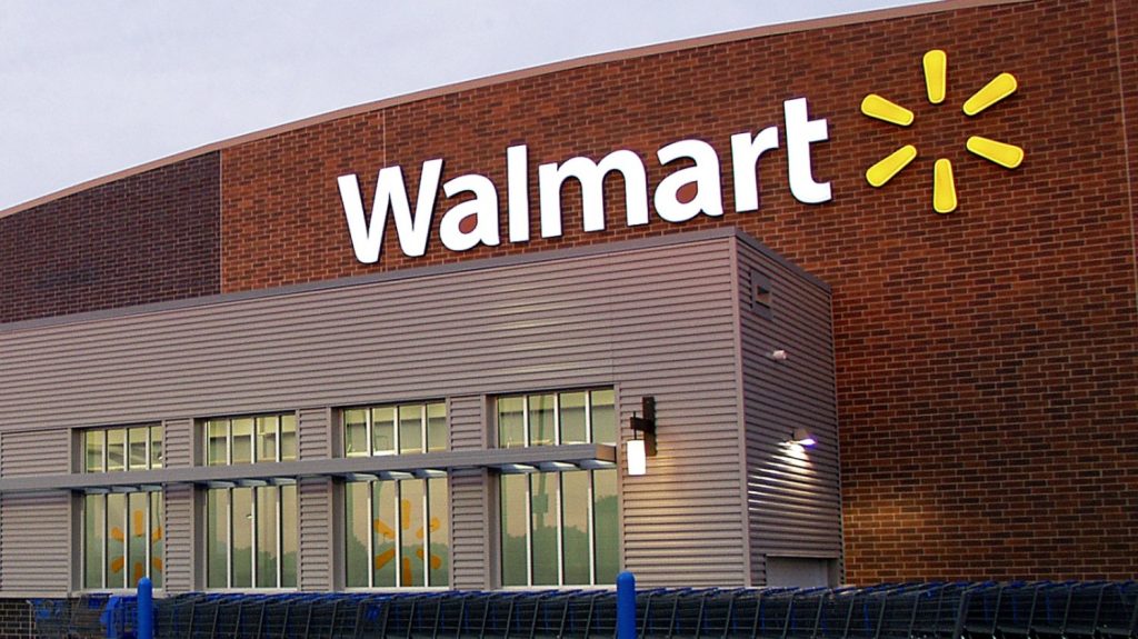 Walmart logo, Walmart supermarket logo, huge Walmart logo on the wall