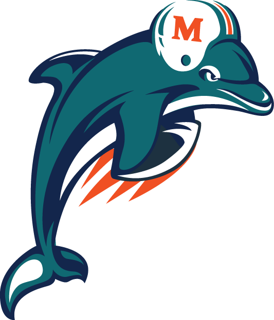 The original logo featured a playful yet athletic leaping dolphin, adorned with a football helmet complete with an "M" insignia.