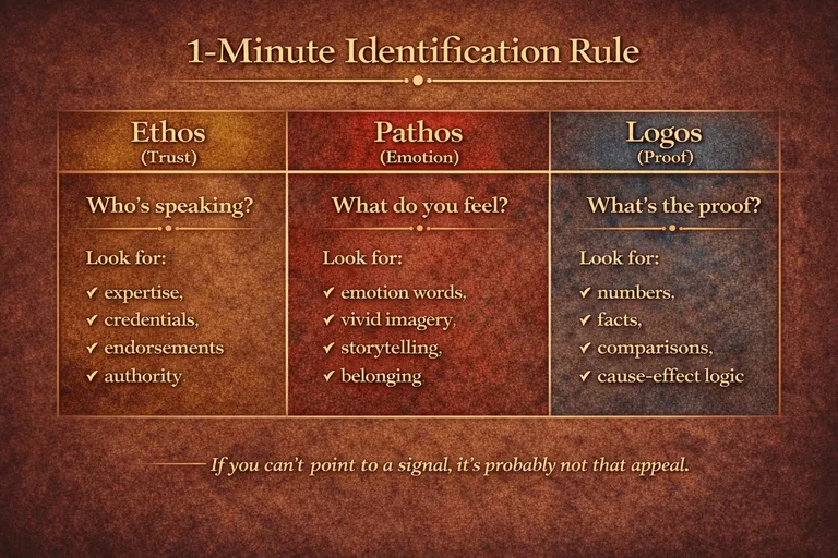 One-minute rule infographic to identify ethos, pathos, and logos in ads